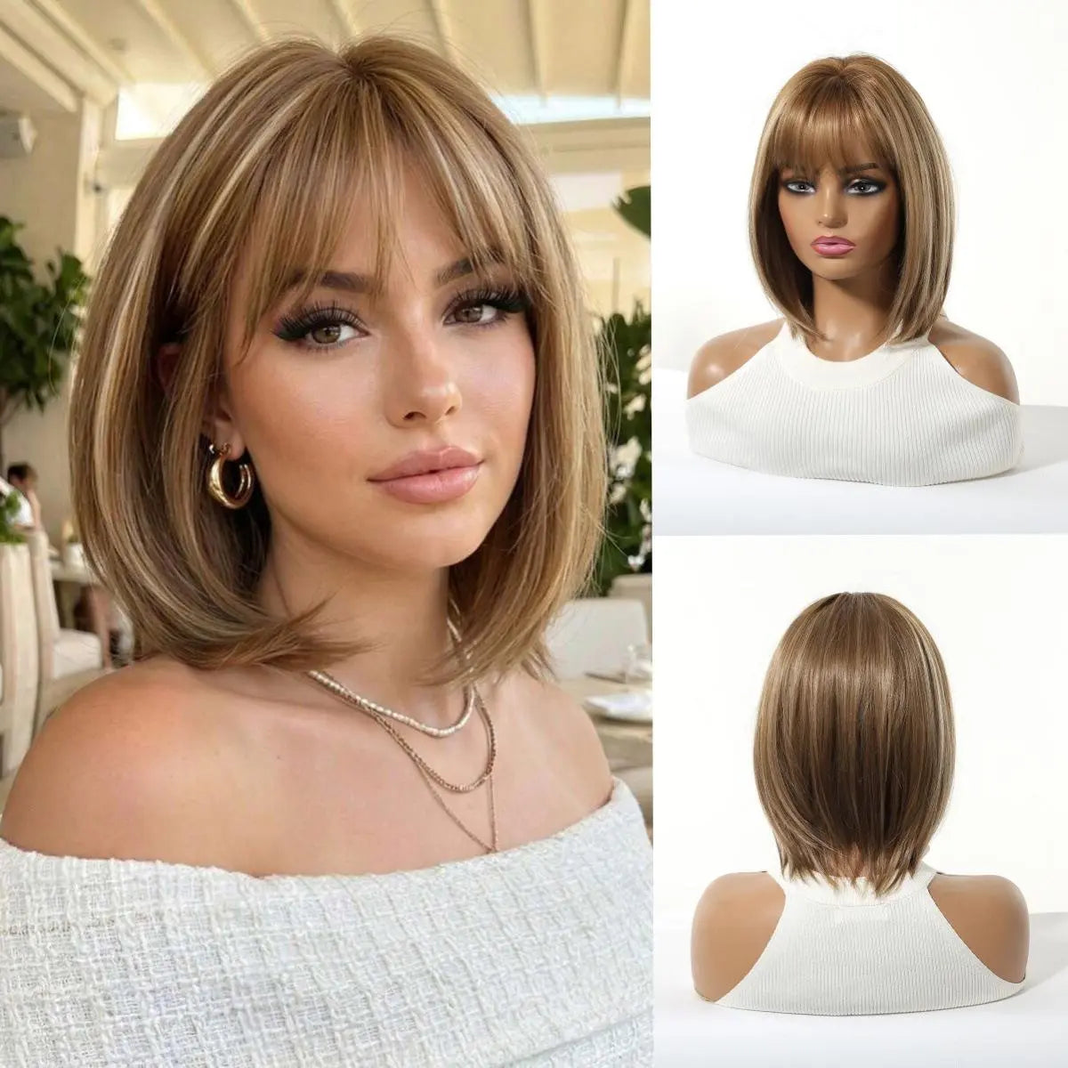Natural Ombre Brown Highlight Bob Wig Air Bangs Short Straight Synthetic Full Head Wig