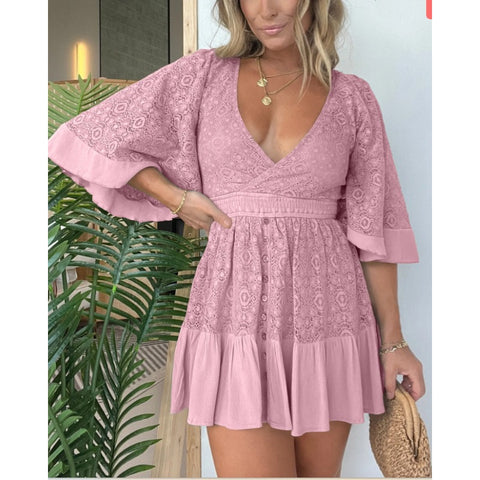 WOMEN'S LACE CROCHET ROMPER DRESS WITH BUILT-IN SHORTS