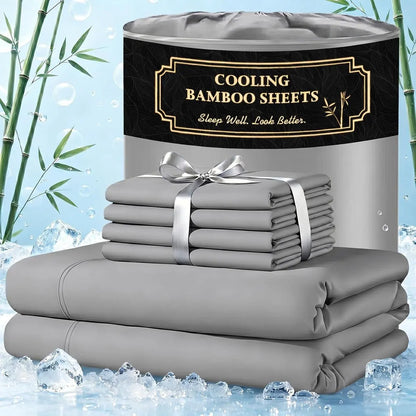Extra Deep Pocket Bamboo Sheets - 6 Pcs Breathable &Cooling for Hot Sleepers , Hotel Luxury Fitted Soft Wrinkle-Free For Extra Deep Mattresses, Room Decor, Twin/Full/Queen/King Size Pillowcase Sets