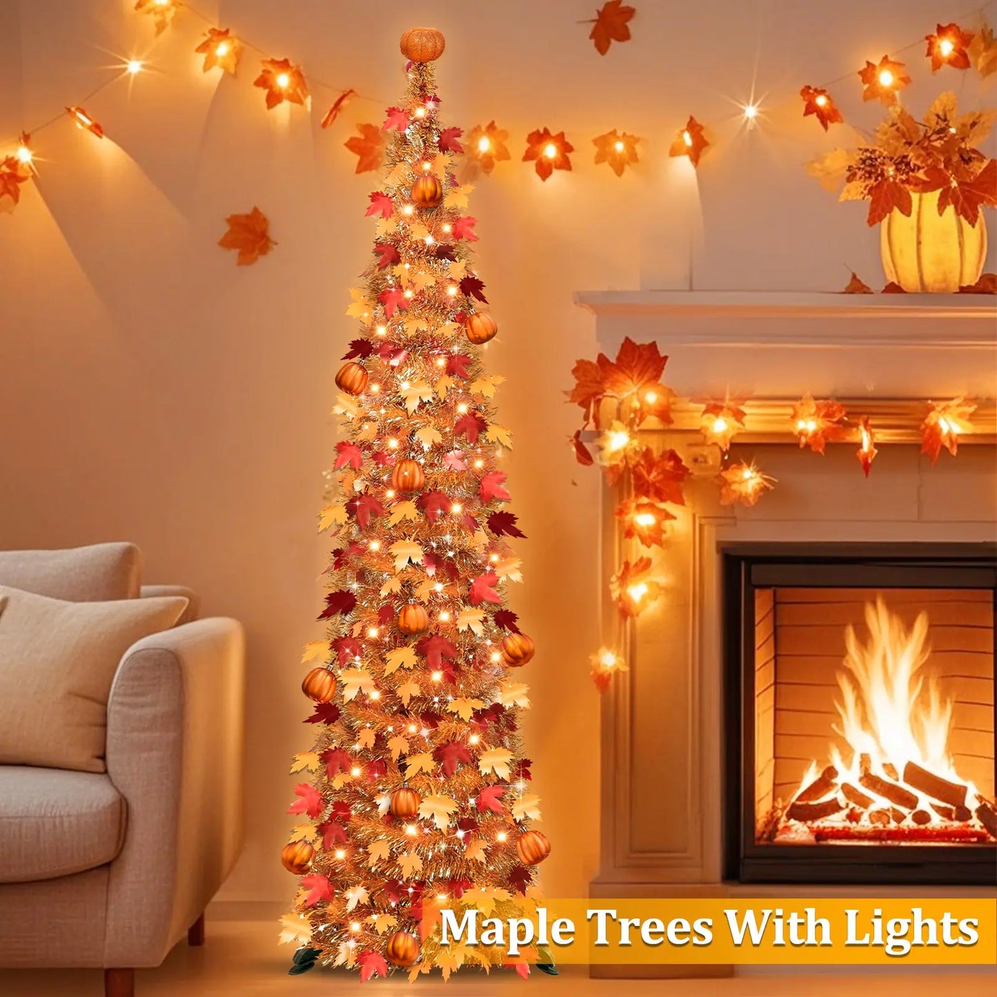 TURNMEON 5 FT Shiny Waterproof Pop-Up Tinsel Maple Leaf Tree, 50 Warm White Lights & Orange Pumpkin Ornaments, Battery-Operated Festive Home Decoration for Harvest Thanksgiving Indoor Use
