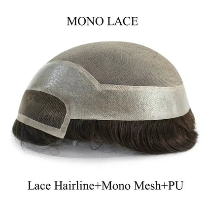 Mono Lace French Lace + Mono Mesh Crown + PU Men Toupee Breathable Lace Hairline Wig Natural Hairline Human Hair System Toupee