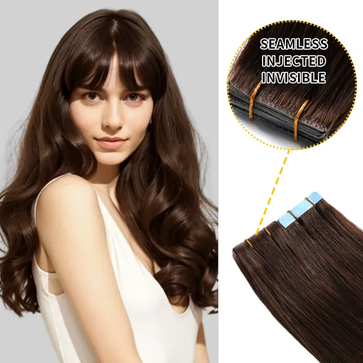 Seamless Injected Hand-Tied Invisible Tape In Hair Extension 20Pcs Virgin Human Hair (#2 Darkest Brown)