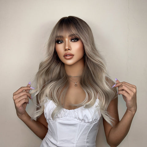 26 Inches Long Grey Wig With Bangs for Women