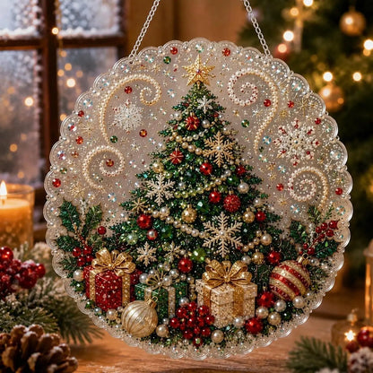 Christmas Pearl Diamond Painting Suncatcher Craft Kit, DIY Crafting Set (8in) - Pre-Assembled Metal Chain, Acrylic Round Board with Lace Edge, 3D Mixed-Sized Pearl Beads, Festive Window Wall Decor,DIY Handmade Holiday Hanging Decor,Christmas gift