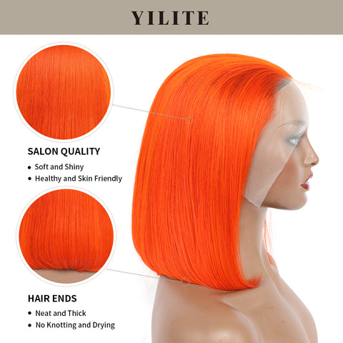 13×4 Full Lace Frontal Bob Wig Free Part Natural Remy Human Hair (#Orange)