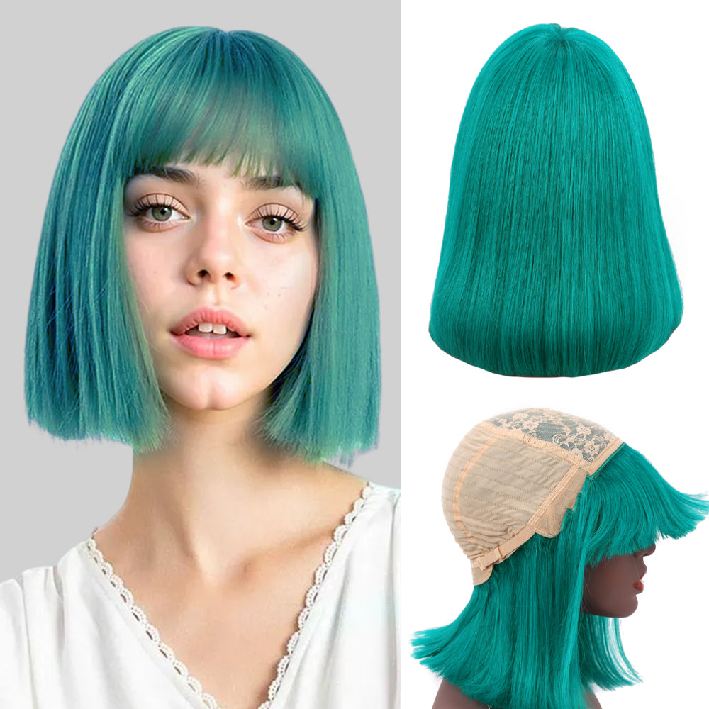 Bob Wigs With Bangs For Women Natural Remy Human Hair (#Green)