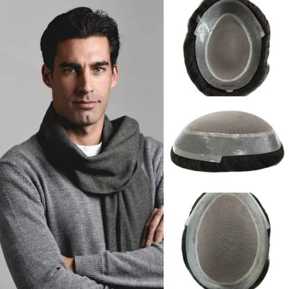 Mono PU Mono Mesh Crown + PU Men Toupee Breathable Wig Natural Hairline Human Hair System