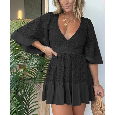 WOMEN'S LACE CROCHET ROMPER DRESS WITH BUILT-IN SHORTS