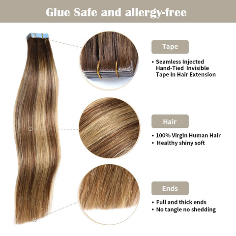 Seamless Injected Hand-Tied Invisible Tape In Hair Extension 20Pcs Virgin Human Hair (P4/27/T4)