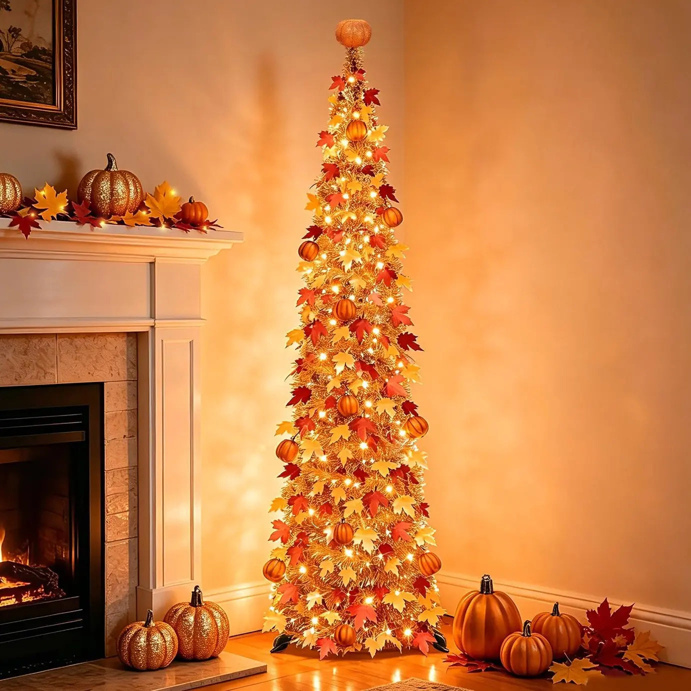 TURNMEON 5 FT Shiny Waterproof Pop-Up Tinsel Maple Leaf Tree, 50 Warm White Lights & Orange Pumpkin Ornaments, Battery-Operated Festive Home Decoration for Harvest Thanksgiving Indoor Use