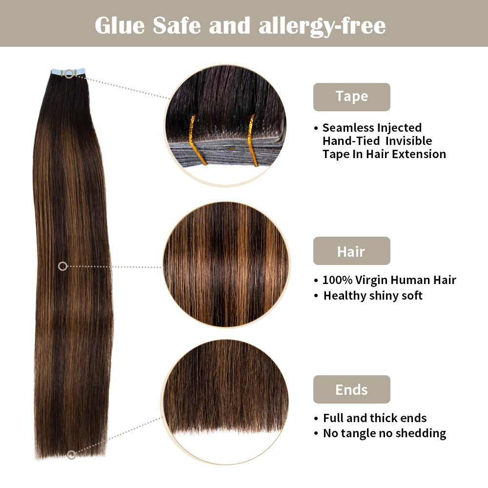 Seamless Injected Hand-Tied Invisible Tape In Hair Extension 20Pcs Virgin Human Hair (P1B/6/T1B)