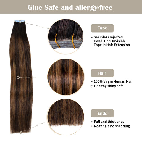 Seamless Injected Hand-Tied Invisible Tape In Hair Extension 20Pcs Virgin Human Hair (P1B/6/T1B)