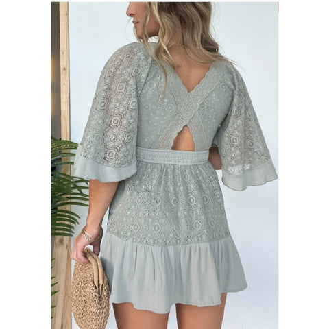 WOMEN'S LACE CROCHET ROMPER DRESS WITH BUILT-IN SHORTS