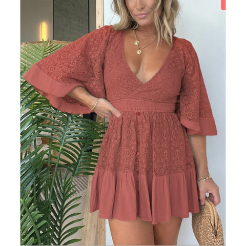 WOMEN'S LACE CROCHET ROMPER DRESS WITH BUILT-IN SHORTS