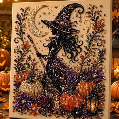 Halloween Ghost Pearl Art DIY Kit, Pearl Painting Kits for Adults, Pearls Diamond Art, Spooky-Cute Design, Fall Home Decor, Wall Art, Adults Craft Kit, 3D DIY Pearl Painting (Witch Moon Magic)Halloween gifts,No photo frame