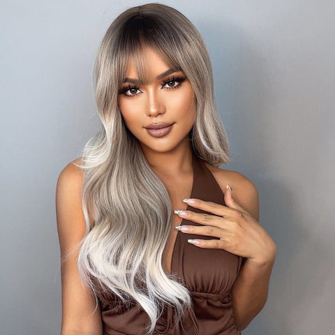 26 Inches Long Grey Wig With Bangs for Women