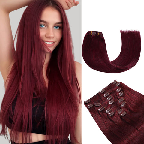 Clip In Hair Extensions Human Hair 8Pcs 18 Clips Invisible Natural Remy Human Hair (#99J Burgundy)