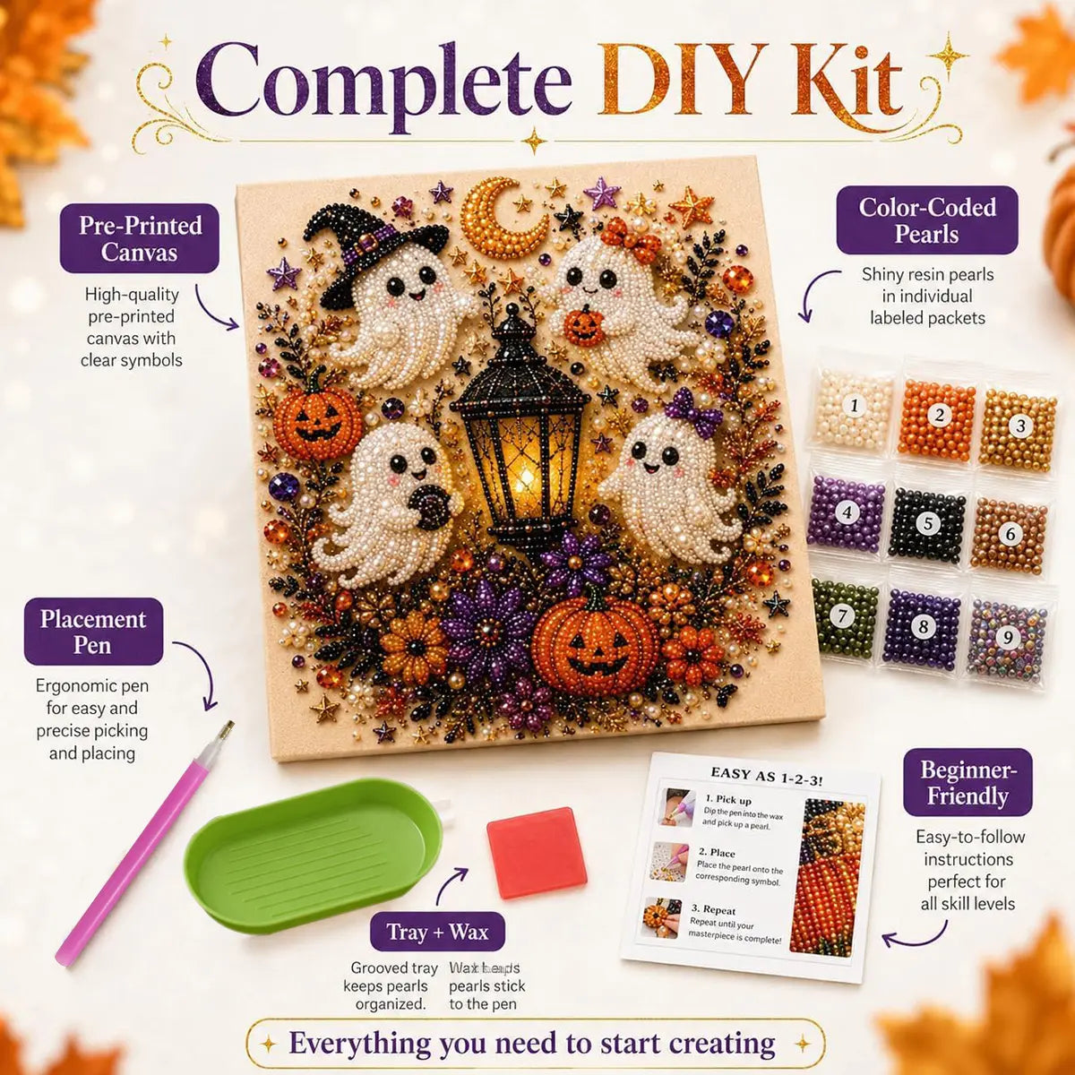 Halloween Ghost Pearl Art DIY Kit, Pearl Painting Kits for Adults, Pearls Diamond Art, Spooky-Cute Design, Fall Home Decor, Wall Art, Adults Craft Kit, 3D DIY Pearl Painting (Witch Moon Magic)Halloween gifts,No photo frame