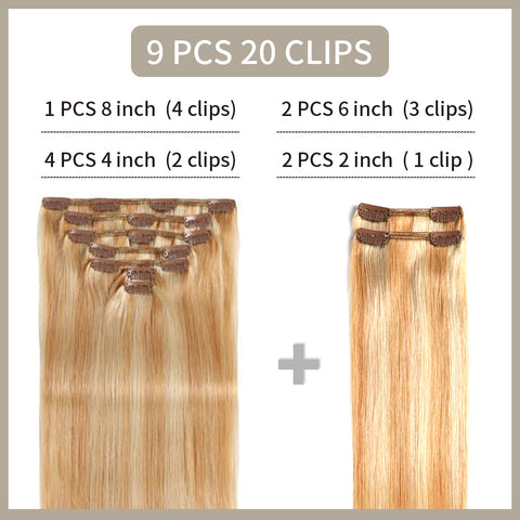 Clip In Hair Extensions Human Hair 9Pcs 20 Clips Invisible Natural Remy Human Hair (#P27/613)