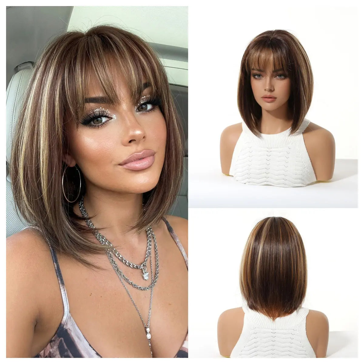 Natural Ombre Brown Highlight Bob Wig Air Bangs Short Straight Synthetic Full Head Wig
