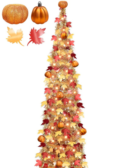 TURNMEON 5 FT Shiny Waterproof Pop-Up Tinsel Maple Leaf Tree, 50 Warm White Lights & Orange Pumpkin Ornaments, Battery-Operated Festive Home Decoration for Harvest Thanksgiving Indoor Use