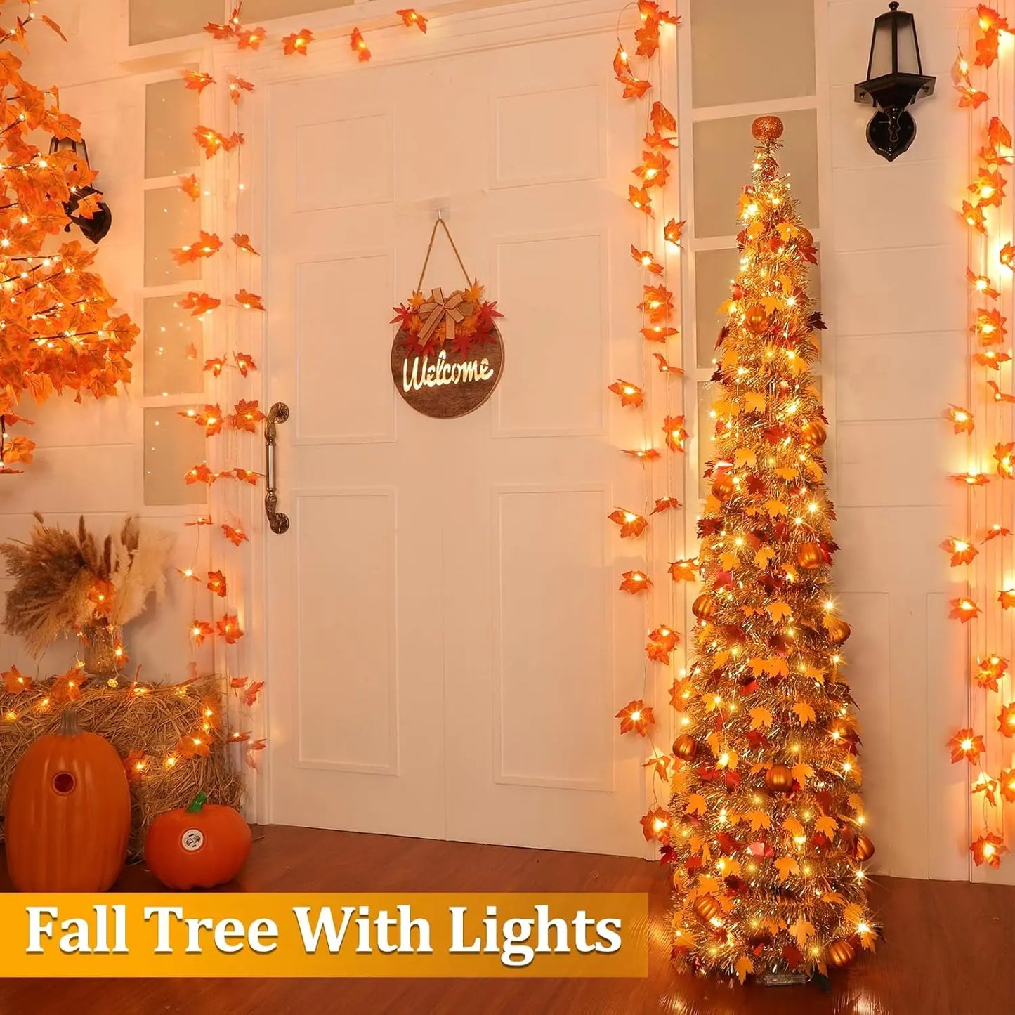 TURNMEON 5 FT Shiny Waterproof Pop-Up Tinsel Maple Leaf Tree, 50 Warm White Lights & Orange Pumpkin Ornaments, Battery-Operated Festive Home Decoration for Harvest Thanksgiving Indoor Use