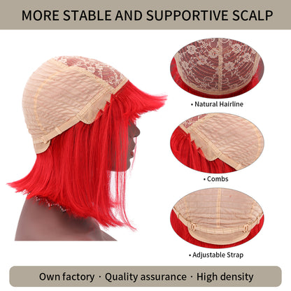 Bob Wigs With Bangs For Women Natural Remy Human Hair (#Red)