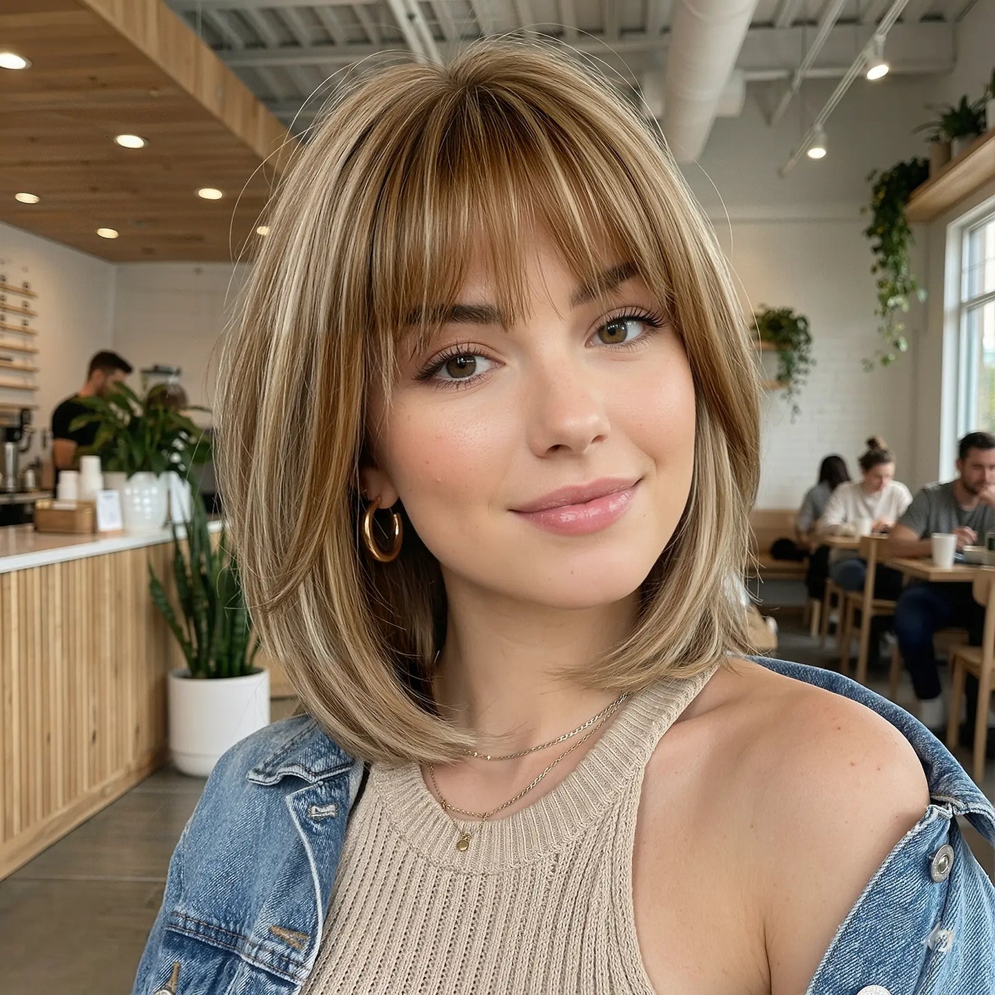 Natural Ombre Brown Highlight Bob Wig Air Bangs Short Straight Synthetic Full Head Wig