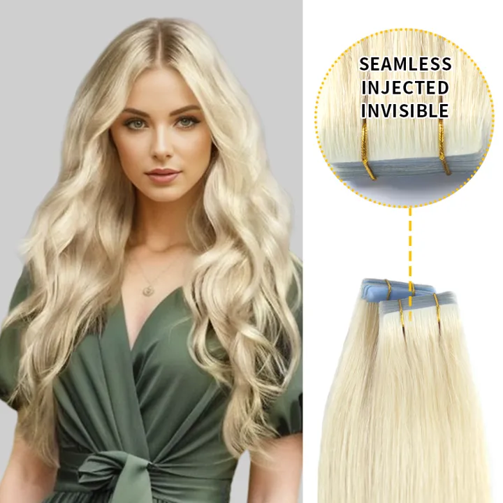 Seamless Injected Hand-Tied Invisible Tape In Hair Extension 20Pcs Virgin Human Hair (#60 Platinum Blonde)