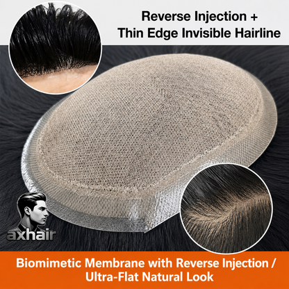 High-end men’s hand-tied, bleached, clip-on, natural-looking, invisible real-hair hairpiece; lace front, Swiss mesh, bleached, clip-on, hand-woven hairpiece for the forehead