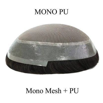 Mono PU Mono Mesh Crown + PU Men Toupee Breathable Wig Natural Hairline Human Hair System