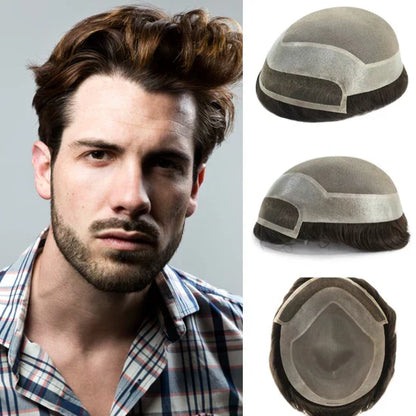 Mono Lace French Lace + Mono Mesh Crown + PU Men Toupee Breathable Lace Hairline Wig Natural Hairline Human Hair System Toupee