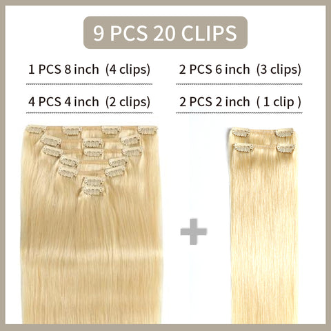 Clip In Hair Extensions Human Hair 9Pcs 20 Clips Invisible Natural Remy Human Hair (#613 Bleach Blonde)