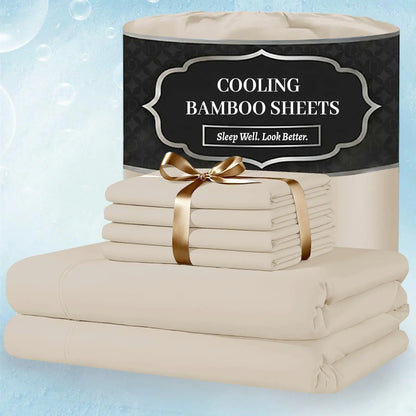 Extra Deep Pocket Bamboo Sheets - 6 Pcs Breathable &Cooling for Hot Sleepers , Hotel Luxury Fitted Soft Wrinkle-Free For Extra Deep Mattresses, Room Decor, Twin/Full/Queen/King Size Pillowcase Sets