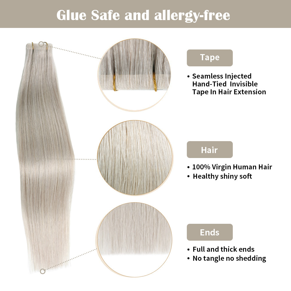 Seamless Injected Hand-Tied Invisible Tape In Hair Extension 20Pcs Virgin Human Hair (#Silver)