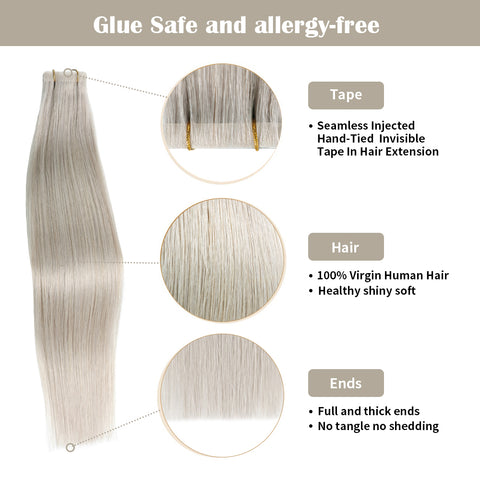 Seamless Injected Hand-Tied Invisible Tape In Hair Extension 20Pcs Virgin Human Hair (#Silver)