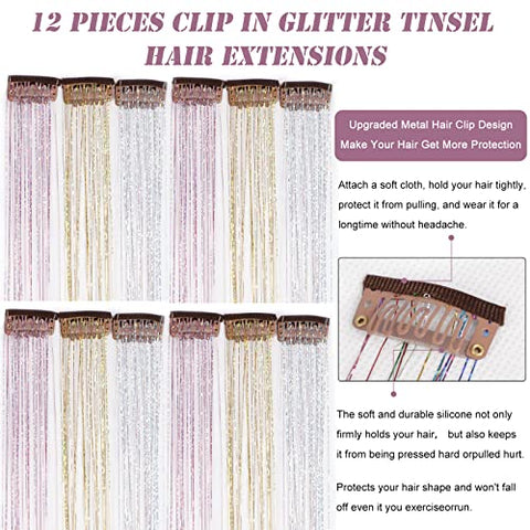 12 Pieces Clip Hair Tinsel Fairy Galaxy Hair Extension