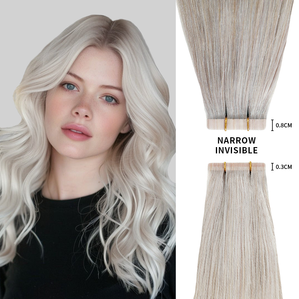 Narrow Invisible Tape In Hair Extension Remy Human Hair 24Pcs (#Silver)