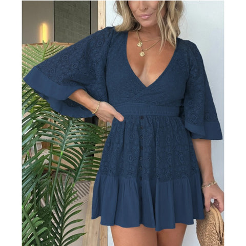 WOMEN'S LACE CROCHET ROMPER DRESS WITH BUILT-IN SHORTS