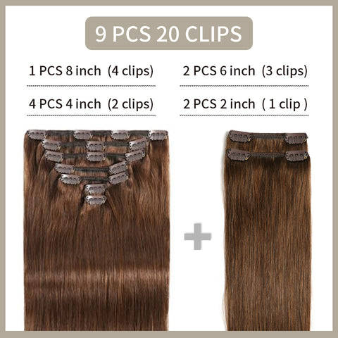 Clip In Hair Extensions Human Hair 9Pcs 20 Clips Invisible Natural Remy Human Hair (#4 Dark Brown)