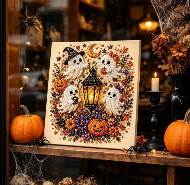 Halloween Ghost Pearl Art DIY Kit, Pearl Painting Kits for Adults, Pearls Diamond Art, Spooky-Cute Design, Fall Home Decor, Wall Art, Adults Craft Kit, 3D DIY Pearl Painting (Witch Moon Magic)Halloween gifts,No photo frame
