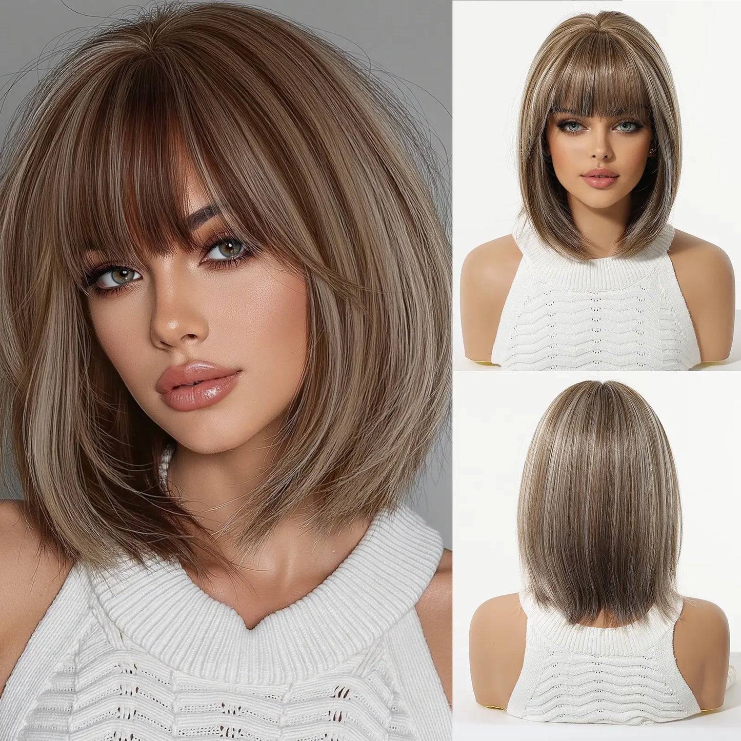 Natural Ombre Brown Highlight Bob Wig Air Bangs Short Straight Synthetic Full Head Wig