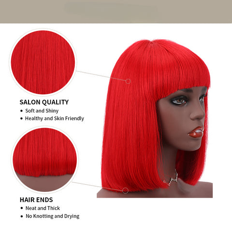 Bob Wigs With Bangs For Women Natural Remy Human Hair (#Red)