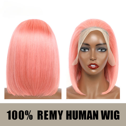 13×4 Full Lace Frontal Bob Wig Free Part Natural Remy Human Hair (#Rose Pink)