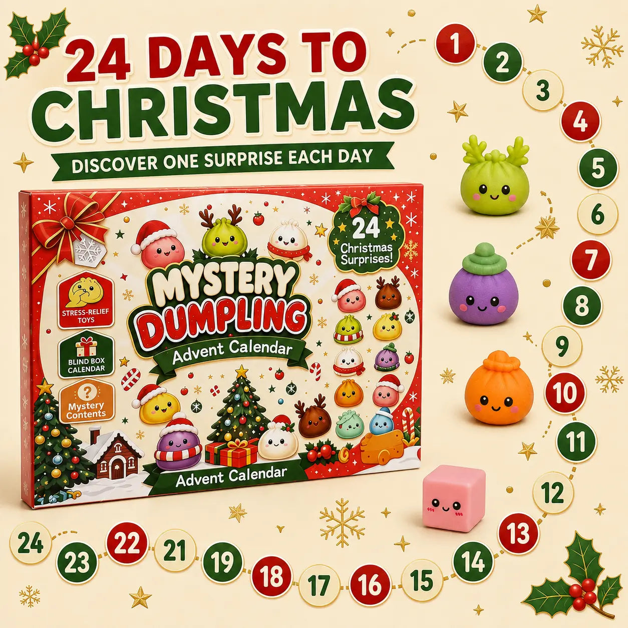 Christmas Mini Squishies Advent Calendar 2026, 24-Day Holiday Countdown Fidget Stress Relief Set, Cute Dumpling Squeeze Figures for Indoor Recreation, Stocking Stuffers, Xmas Party Favors, Small Surprise Gifts for Kids Teens Adults