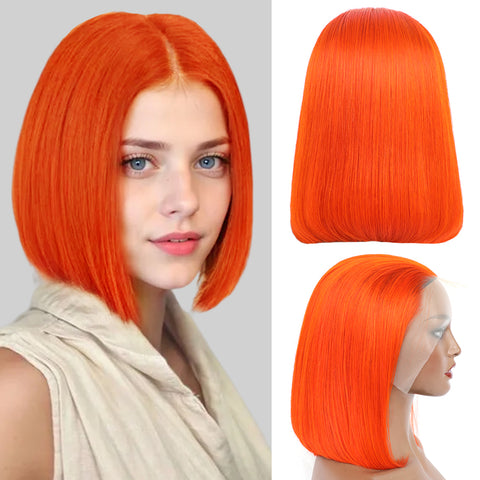 13×4 Full Lace Frontal Bob Wig Free Part Natural Remy Human Hair (#Orange)