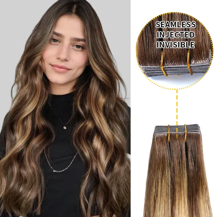 Seamless Injected Hand-Tied Invisible Tape In Hair Extension 20Pcs Virgin Human Hair (P4/27/T4)