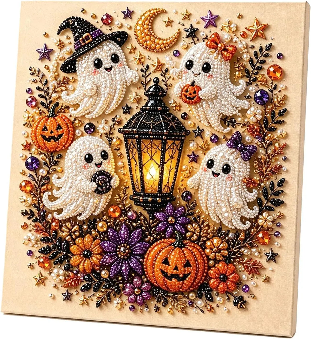 Halloween Ghost Pearl Art DIY Kit, Pearl Painting Kits for Adults, Pearls Diamond Art, Spooky-Cute Design, Fall Home Decor, Wall Art, Adults Craft Kit, 3D DIY Pearl Painting (Witch Moon Magic)Halloween gifts,No photo frame