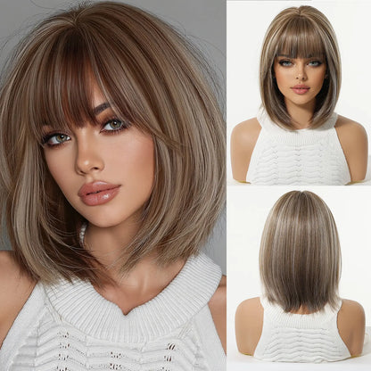 Natural Ombre Brown Highlight Bob Wig Air Bangs Short Straight Synthetic Full Head Wig