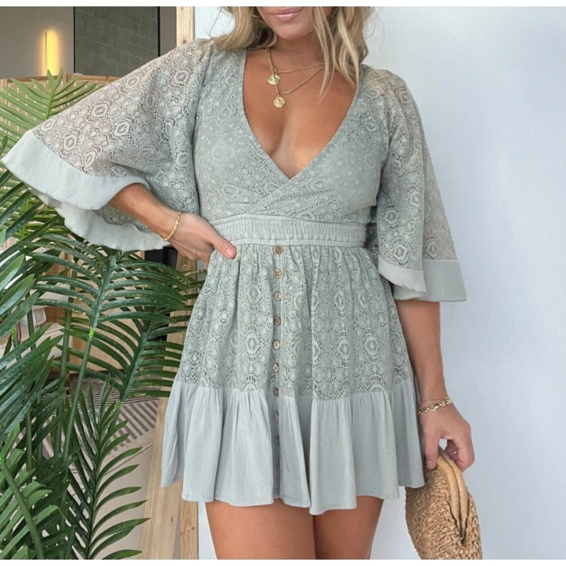 WOMEN'S LACE CROCHET ROMPER DRESS WITH BUILT-IN SHORTS